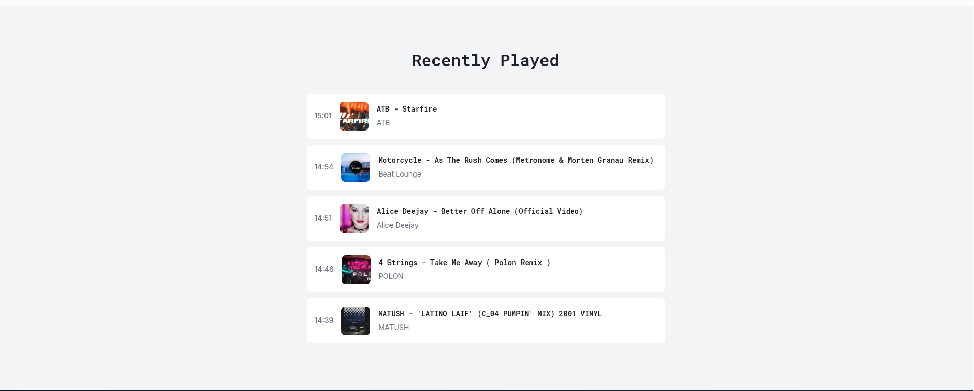 Homepage - Recently Played Tracks